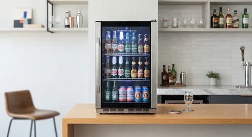 Cervejeira moderna instalada em bar residencial, com porta de vidro e iluminação interna azul