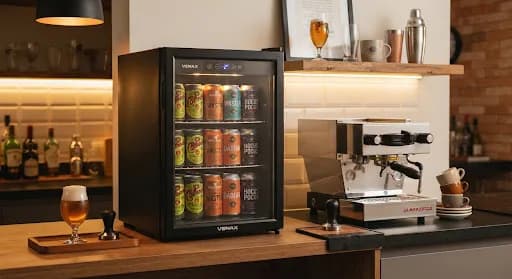 Cervejeira instalada em bancada de área gourmet, ao lado de utensílios e churrasqueira