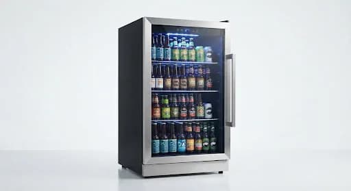 Cervejeira com moldura de aço e porta de vidro escura, com iluminação interna azul