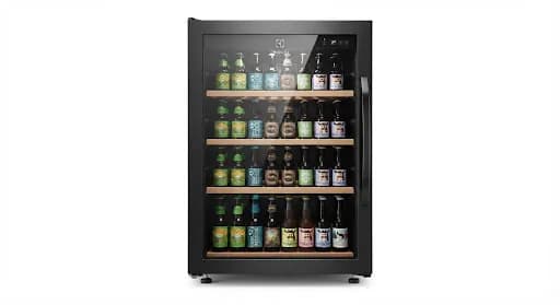 Cervejeira de acabamento preto escovado com porta de vidro e prateleiras internas