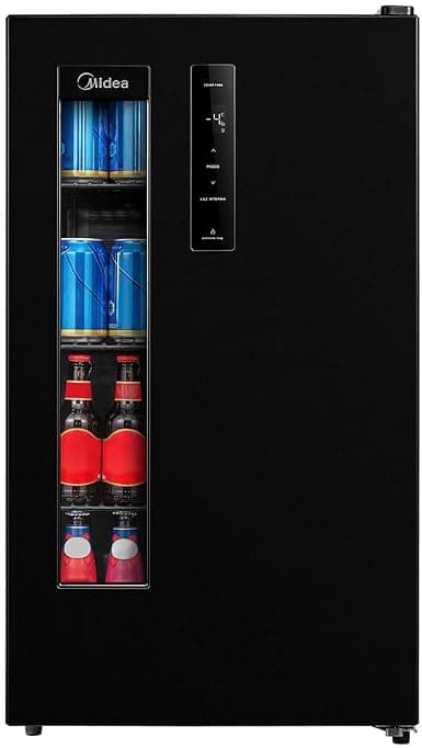 Cervejeira de 82 litros com moldura de aço, porta de vidro escura e iluminação interna azul sobre fundo branco