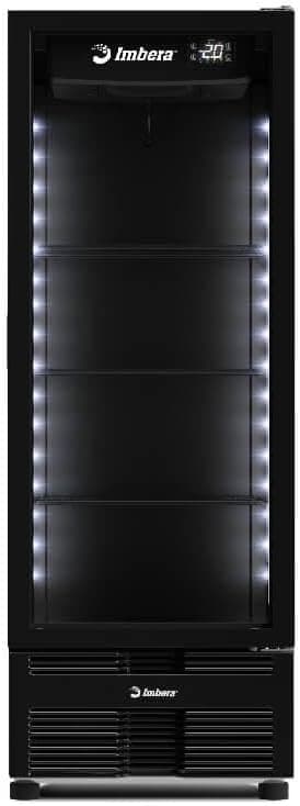 Cervejeira expositora vertical Imbera CCV355 preta com porta de vidro panorâmico e cervejas iluminadas por LED