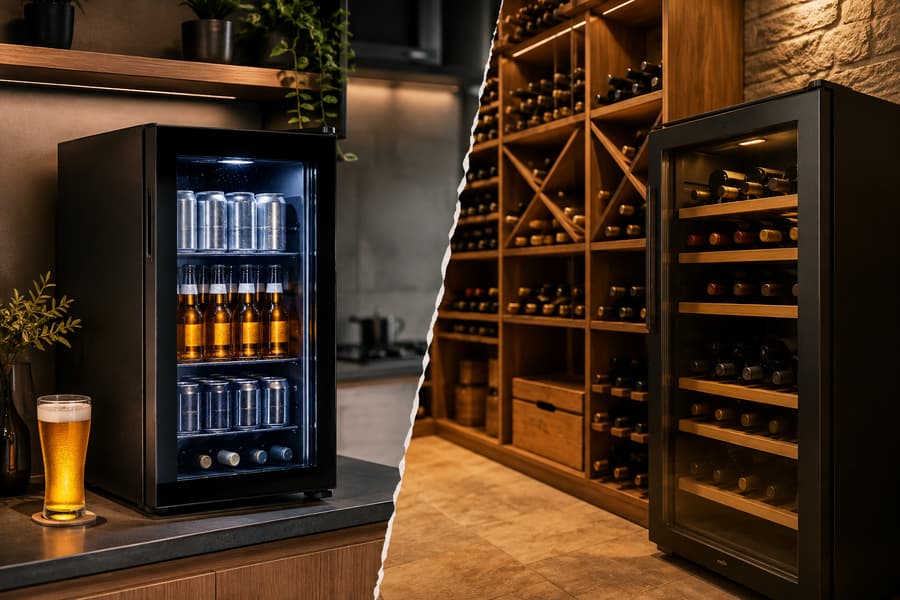 Adega climatizada com prateleiras de madeira ao lado de uma cervejeira com porta de vidro